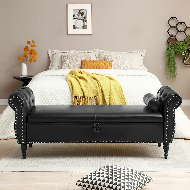 Upholstered Storage Ottoman Bench – Brown / Beige / Blue / Black / Grey / Pink, Velvet, Rolled Arms, Seats 2
