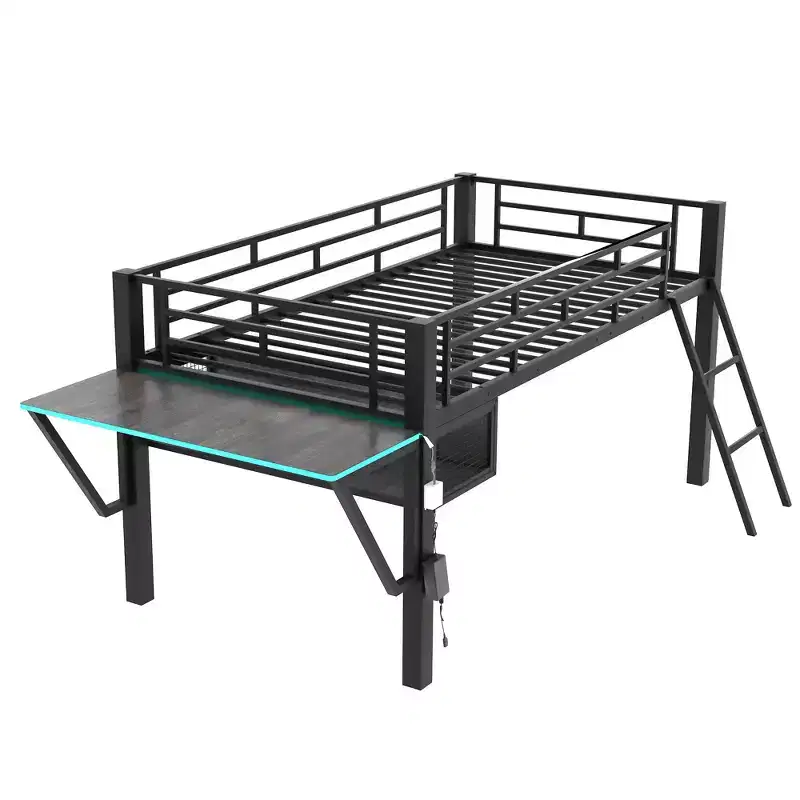 Twin Gaming Loft Bed with Desk & LED Lights, Black Metal Mid Loft Bed with Storage for Kids Teens, eSports-Inspired Design