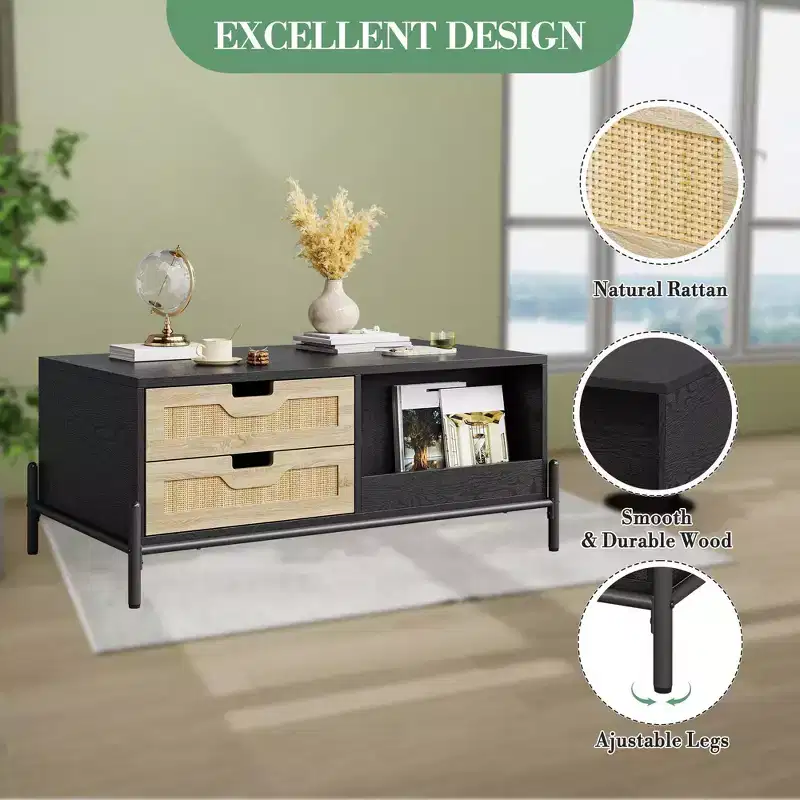 Rattan Coffee Table with LED Lighting & Storage Drawers