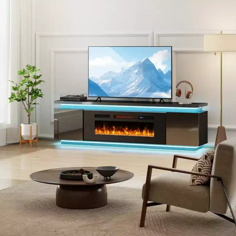 Skyzoo Electric Fireplace TV Stand for TVs up to 80 with LED Lights & 4 AC Power Outlets, TV console for Living Room