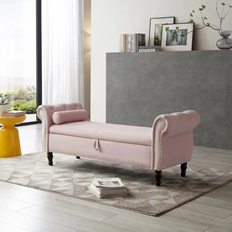 Upholstered Storage Ottoman Bench – Brown / Beige / Blue / Black / Grey / Pink, Velvet, Rolled Arms, Seats 2