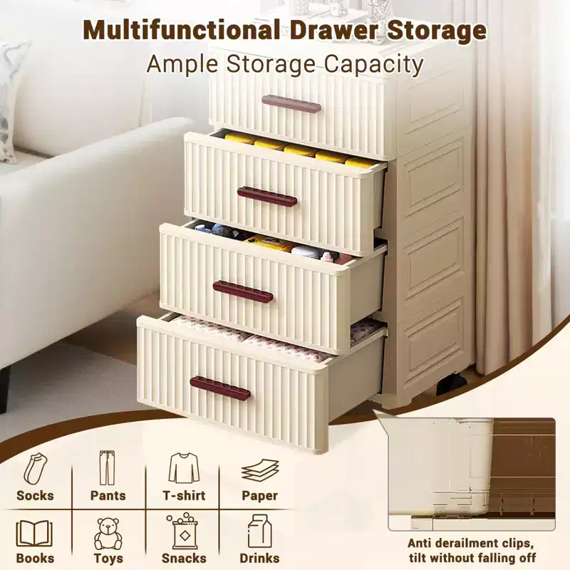 5-Tier Multifunctional Storage Cabinet in Cream - Mobile Organizer for Bedroom & Living Room with Drawers for Toys, Books, Clothes&Snacks