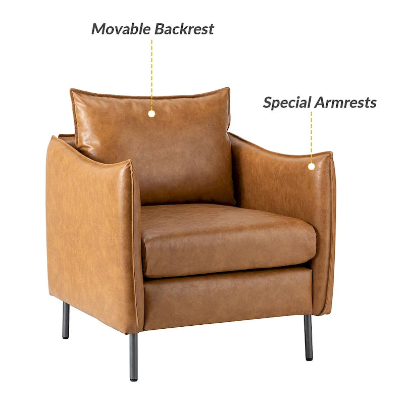 Modern Accent Chair – Black / Brown / Grey / Camel / Navy / Beige, Vegan Leather, Metal Legs, Seats 1