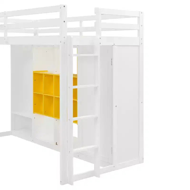 Kids Loft Bed with Wardrobe and Shelves, Wooden Loft Bed Frame with Storage Cabinet for Kids Teens