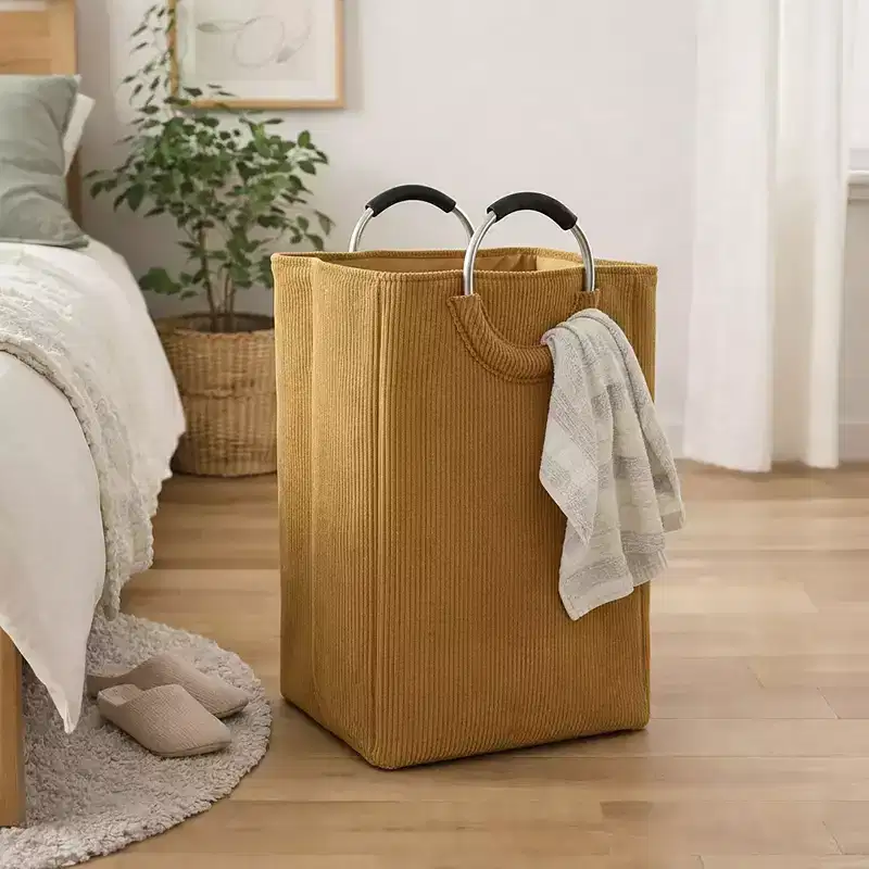 Evideco French Home Goods Corduroy Laundry Basket 55L Mustard Yellow