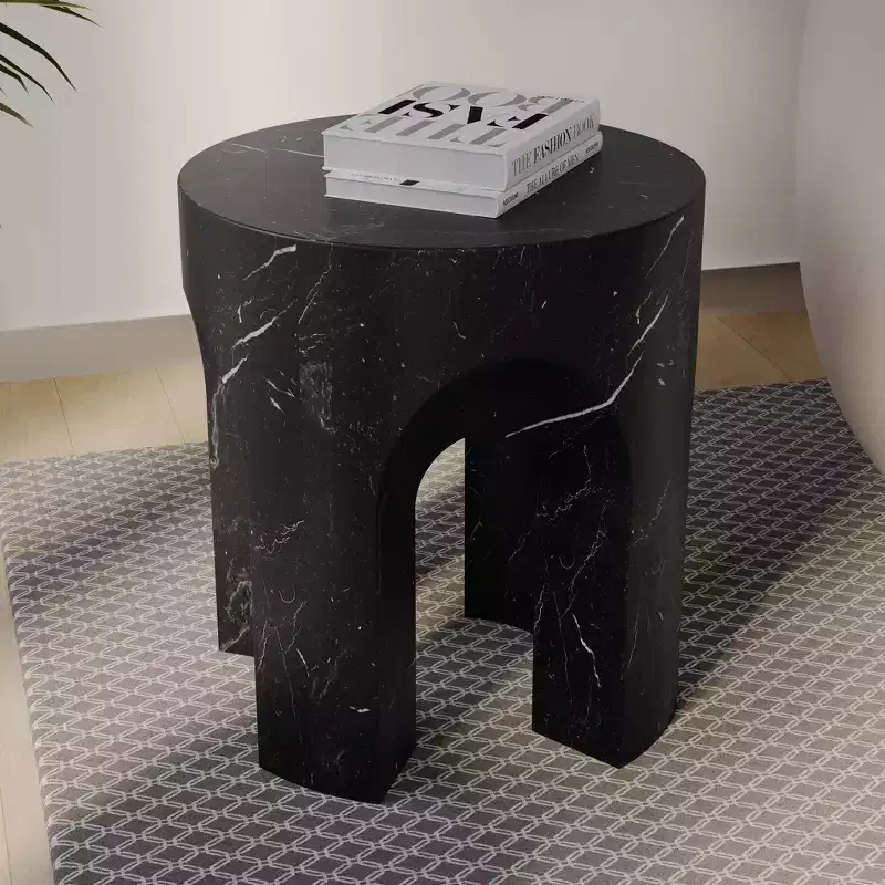 LeisureMod Crus 18 Sculptural Fiberstone End Table - Round Vaulted Base Side Table