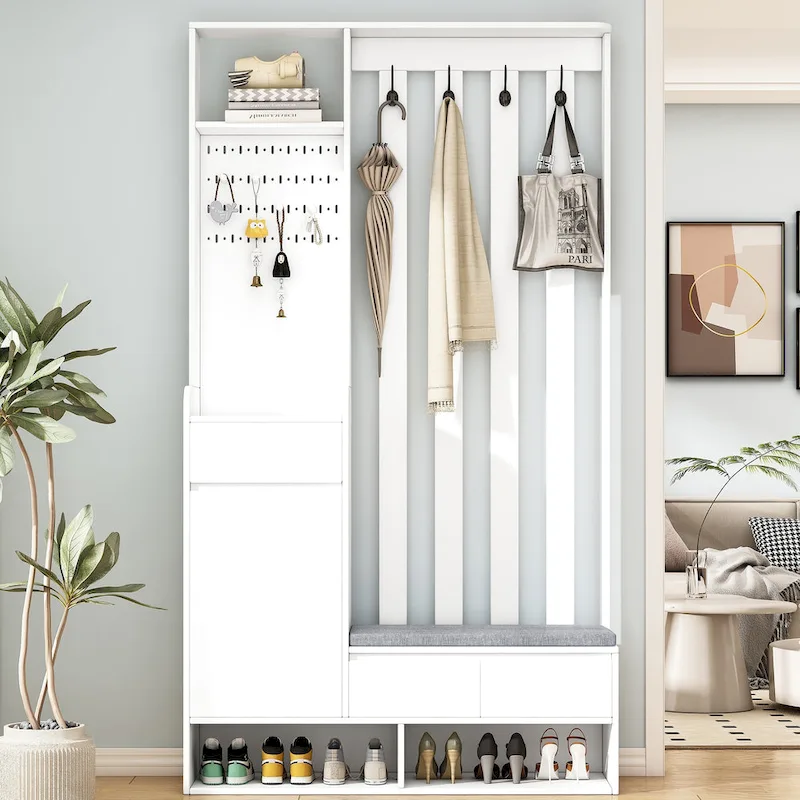 39.3Wx70.8H Hall Tree Storage with Cushioned Storage Bench,Multifunctional Hallway Shoe Cabinet,Pegboard,Coat Rack,4 Hooks