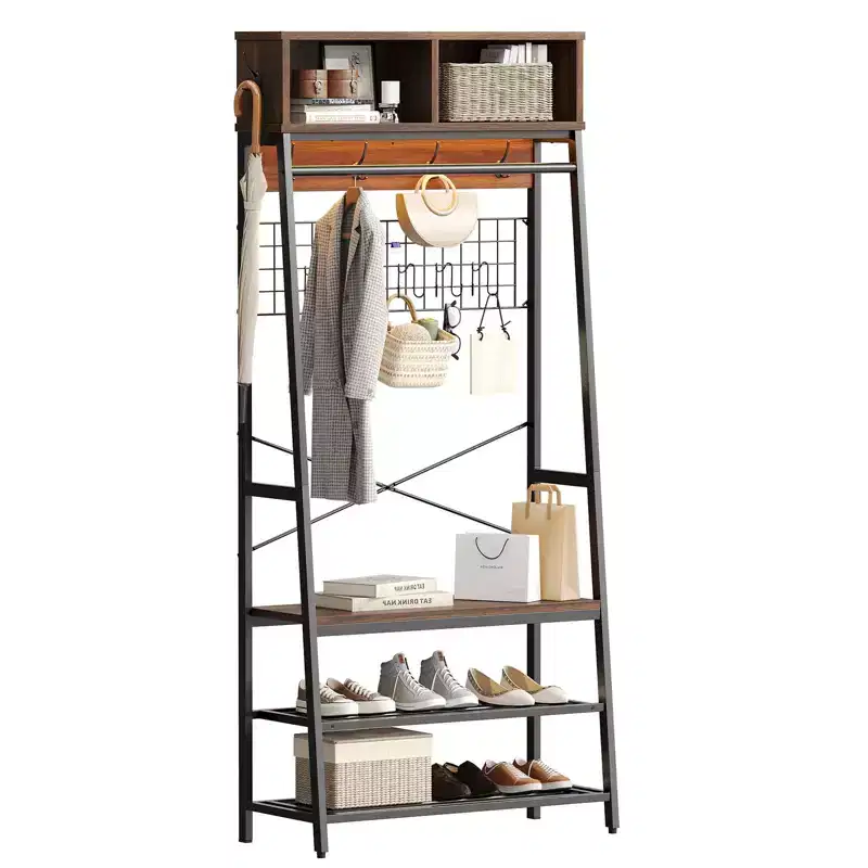 Bestier Coat Rack with Shoe Storage Bench, 70 Hall Tree with Shelves, Clothes Hanger Stand for Jackets & Cats, 5-in-1 Entryway Organizer with Hooks
