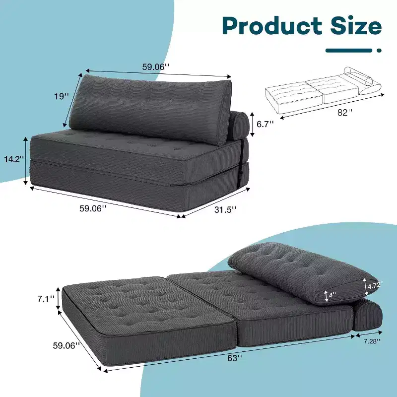 WARMOUNTS Foldable Sofa Bed with Adjustable Backrest, Convertible Queen Size Sleeper Sofa for Living Room & Office