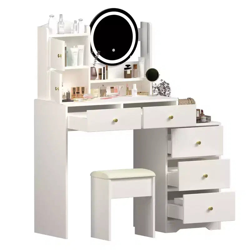 Okak Vanity Table with Right Drawers and Lights for Makeup and Cushioned Chair,Vanity Desk with Lights and Table Set with 3 Color Lighting,White
