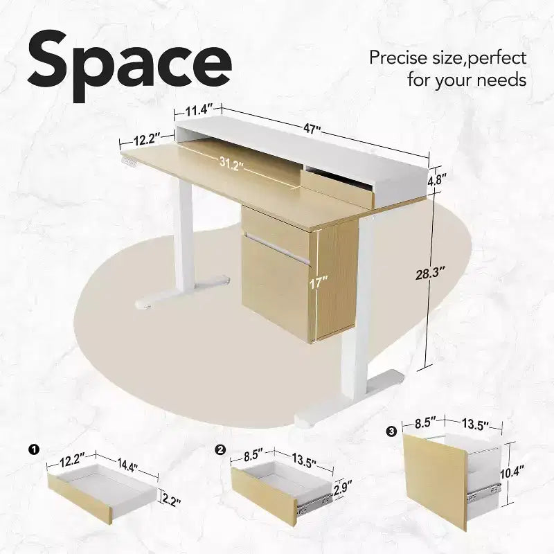 Standing Desk with Drawers and File Cabinet, 47 Inch Electric Height Adjustable Desk with Storage, Ergonomic Stand Up Table with Monitor Stand