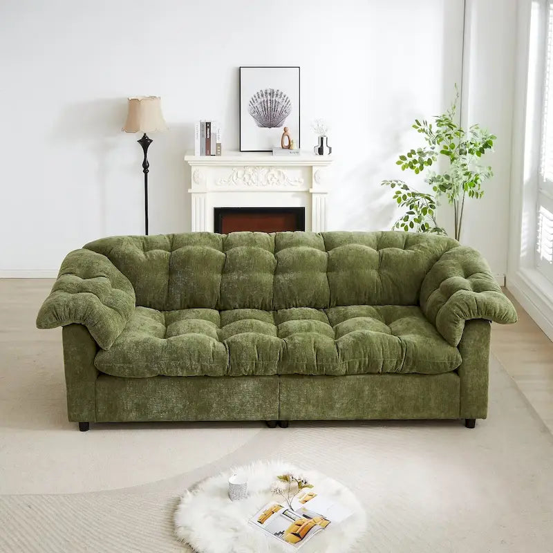 99-Inch Deep Seat Sofa – Yellow / Beige / Grey / Green, Chenille, Solid Wood Frame, Seats 3