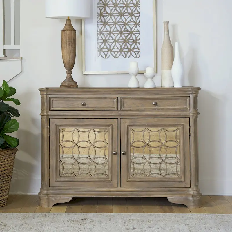 Wood Buffet Cabinet with Mirrored Doors and Drawer Storage