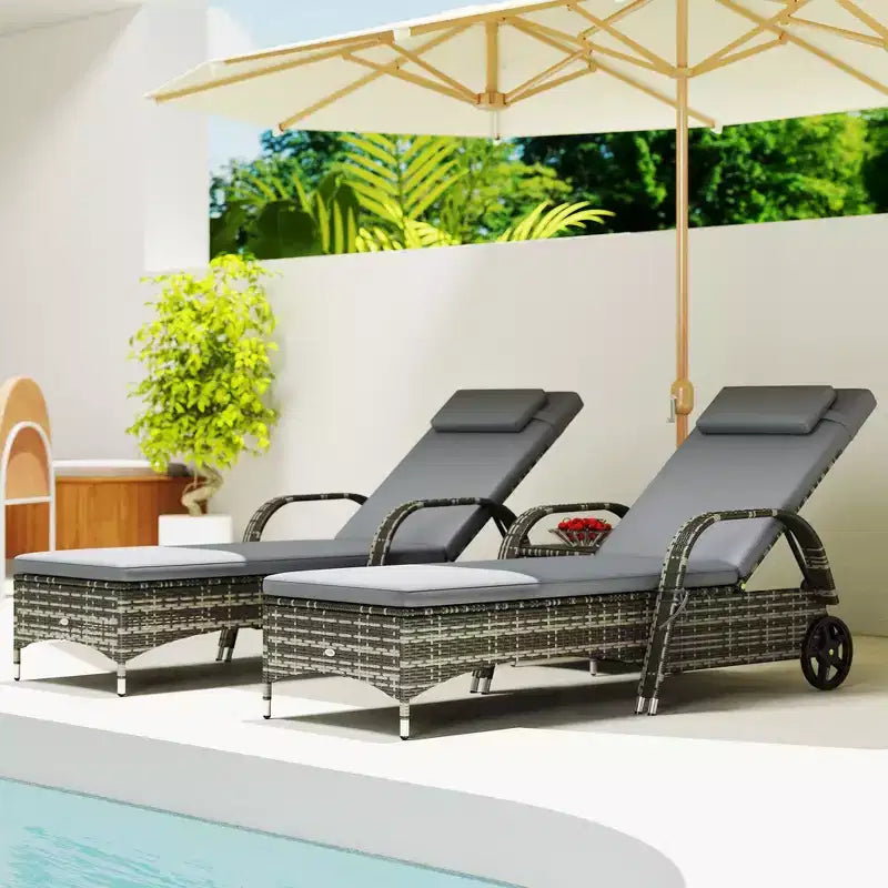 Patio Wicker Chaise Lounge Chair Set of 2 with Table, Adjustable Backrest, Wheels, Cushion & Headrest