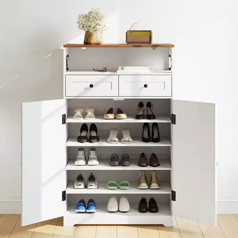 Modern Farmhouse Style Shoe Cabinet, Narrow Freestanding Shoe Rack Storage Cabinet with Drawers and Adjustable Shelves, Suitable for Foyer Storage
