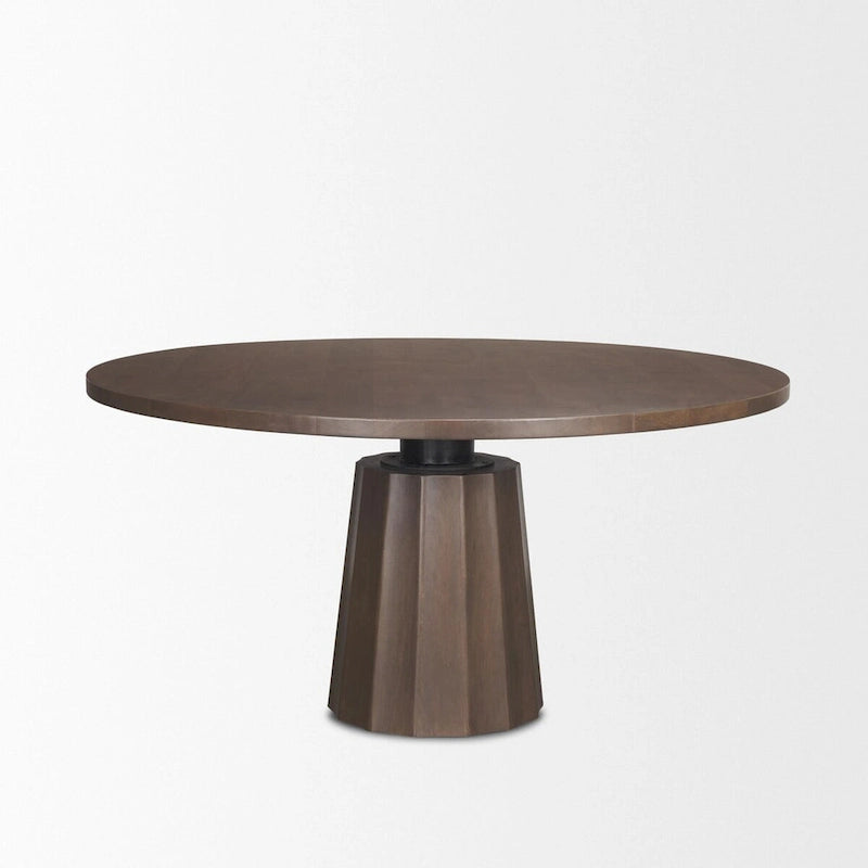 60-Inch Round Pedestal Dining Table – Dark Brown, Solid Mango Wood, Scalloped Base, Matte Black Iron Neck, Classic Style