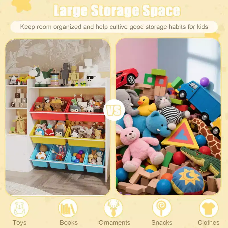 Kids Toy Organizer with 8 Removable Bins, Large Toy Box & Bookshelf Combo for Bedroom, Nursery, Classroom for Toys Books