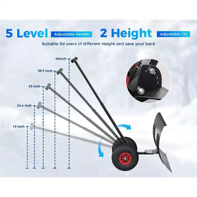 Snow Shovel Pusher for Driveway,Heavy Duty 2-Wheel Snow Shovel with Single Rod,29 Angled Blade Efficient Metal Snow Removal,Adjustable Height Handle