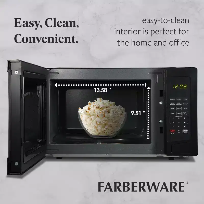 Farberware 1.1 Cu. Ft. Countertop Microwave Oven  1000W Power, Auto Cook Settings, Defrost, and Safety Lock