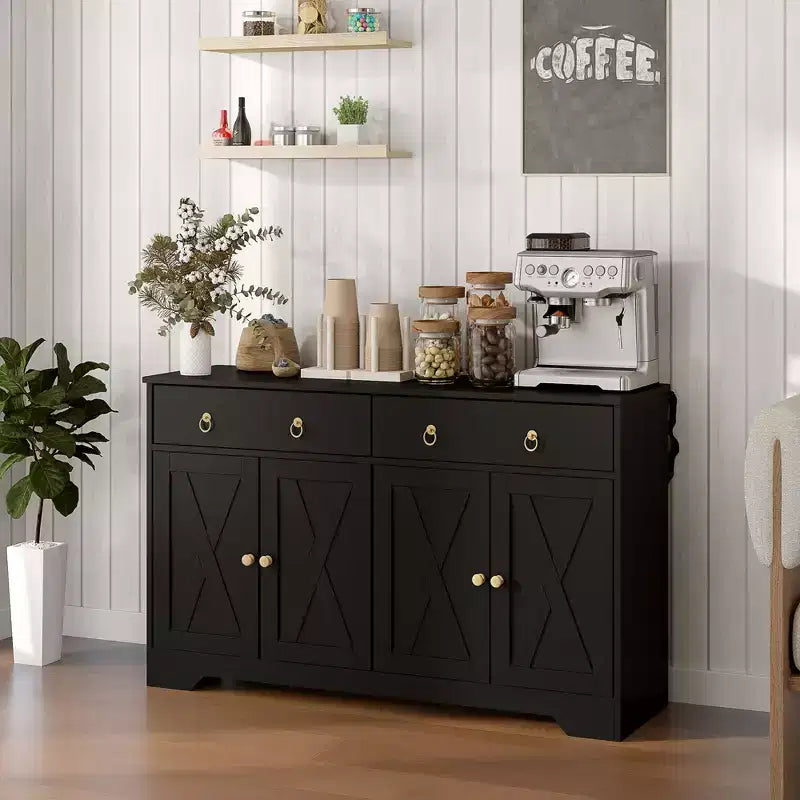 Kitchen Storage Sideboard, Farmhouse Buffet Cabinet with Barn Style Doors, Drawers, Adjustable Shelves