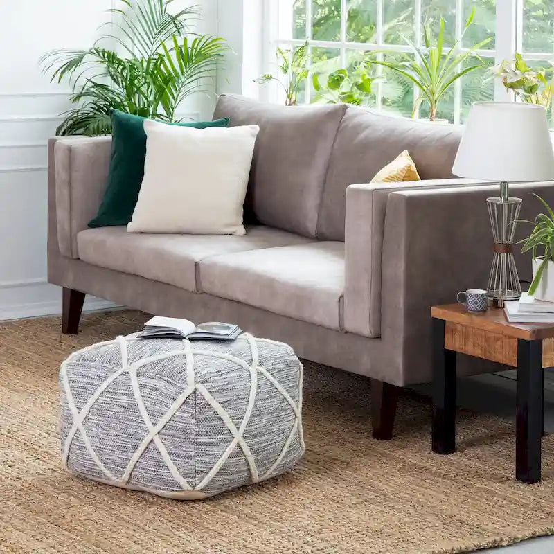 22-Inch Round Pouf Ottoman – Blue & Ivory / Tan & Ivory / Gray & Ivory, 1-Person Footrest & Extra Seat
