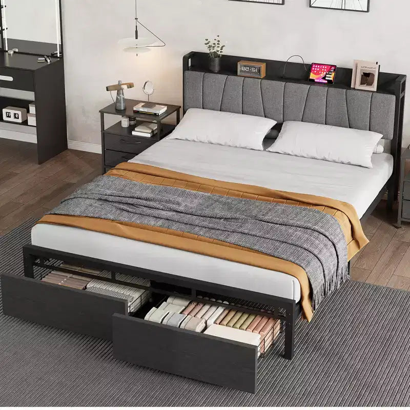 Whizmax Full Size Bed Frame with Upholstered Headboard, Industrial Full Platform Bed with 2 Storage Drawers and Charging Station, No Box Spring Needed