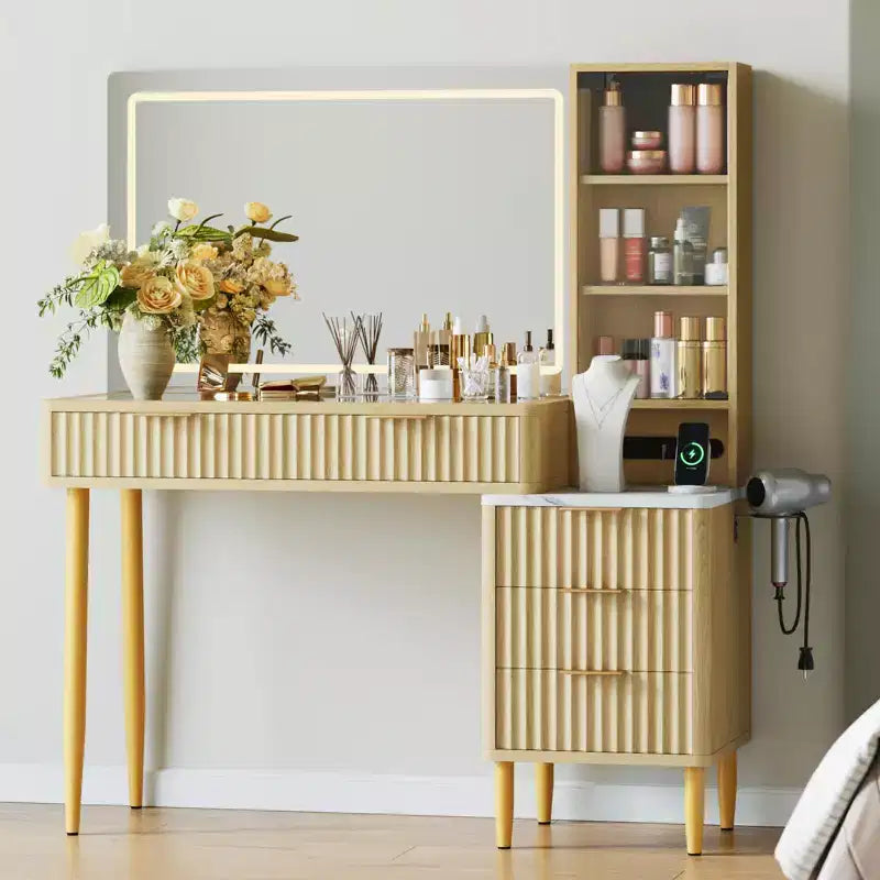 Particle Board LED Dressing Table with Wave Pattern, Durable MDF, Modern Design, Built-In LED Lighting, Spacious Storage