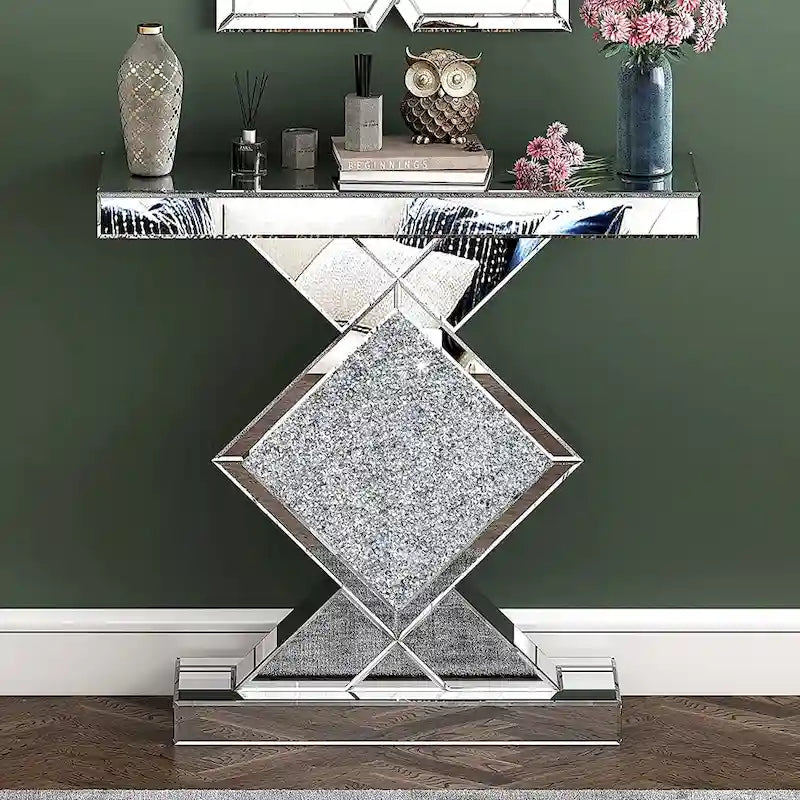 Geometric Mirrored Console Table &ndash; Silver, Glam Style, Diamond Lattice Base