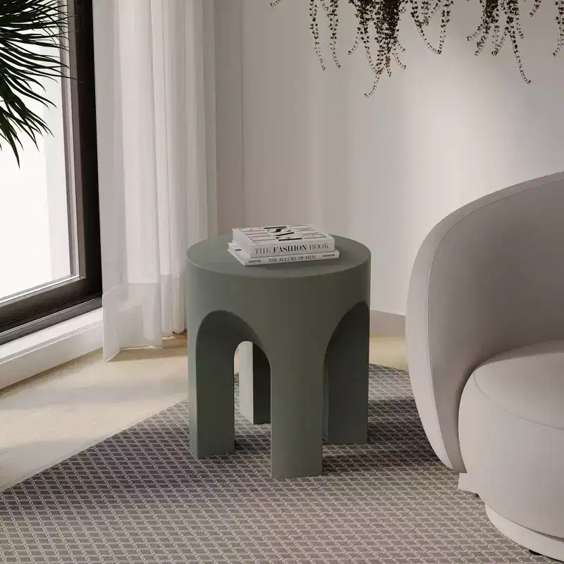 LeisureMod Crus 18 Sculptural Fiberstone End Table - Round Vaulted Base Side Table