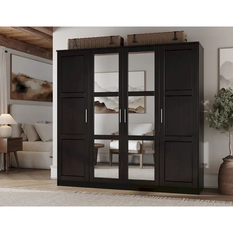 100% Solid Wood  4-Door Wardrobe with Solid Wood or Mirrored Doors