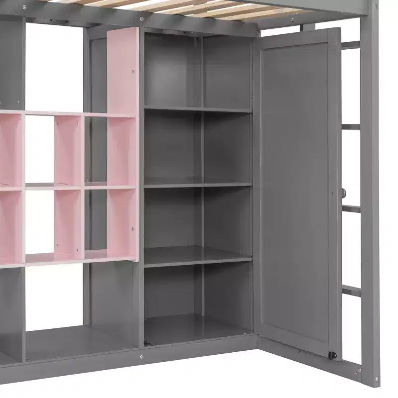 Kids Loft Bed with Wardrobe and Shelves, Wooden Loft Bed Frame with Storage Cabinet for Kids Teens