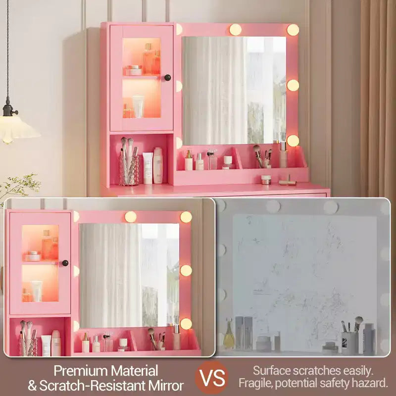 Vanity Desk with Mirror, 3 Lighting Modes Lights, Built-in Outlets & USB Ports, Spacious Drawers & Storage Cabinet, Makeup Dressing Table for Bedroom