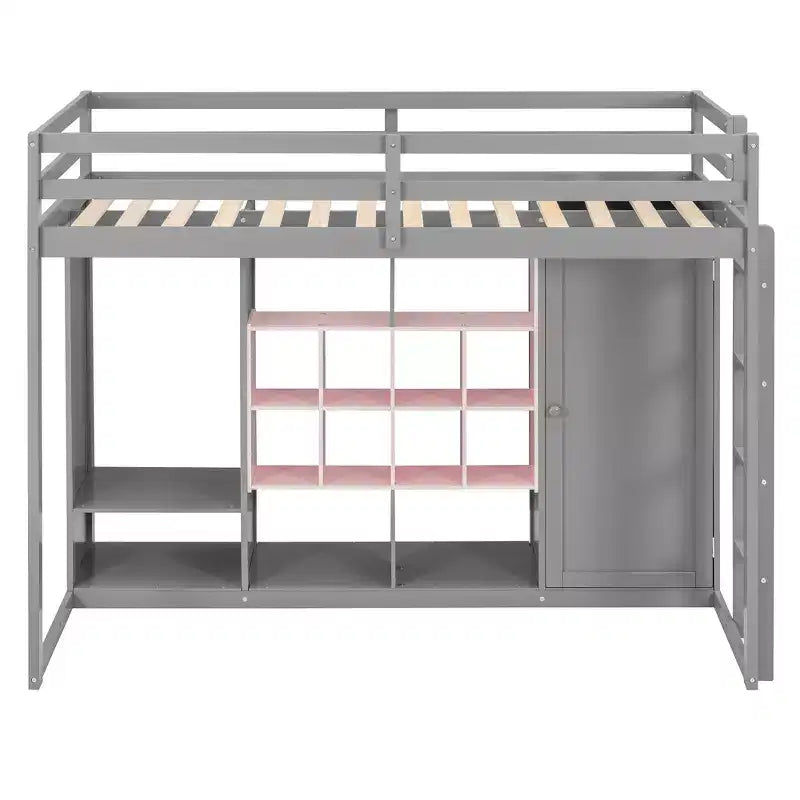 Kids Loft Bed with Wardrobe and Shelves, Wooden Loft Bed Frame with Storage Cabinet for Kids Teens