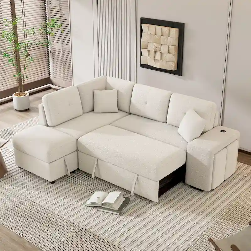 87.7 Convertible Sleeper, Sectional Pull Out Sofa Bed with Storage Ottoman, 2 Throw Pillows, 2 Stools, Wireless Charger and Two