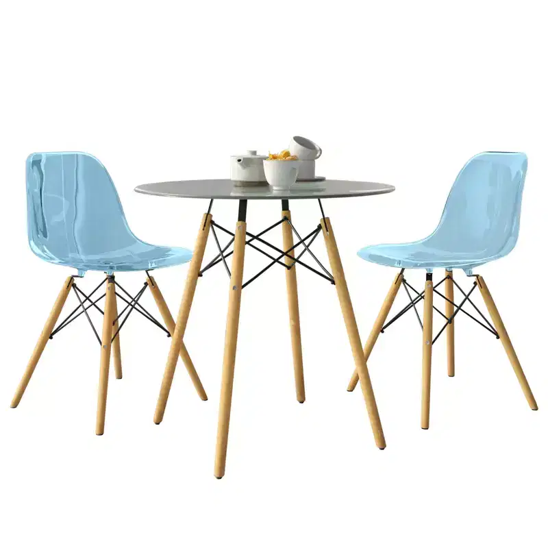 LeisureMod Dover 3-Piece Dining Set  31 Round Clear Glass Bistro Table with 2 Acrylic Chairs with Wooden Dowel Legs, Modern Kitchen, Dining Room