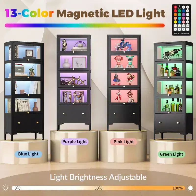 Bekrvio 67 Glass Doors Display Cabinet with Drawer & 13-Color RGB LED Lights, 5-Tier Metal Curio Cabinet for Collectibles, Figure, Toys, Books