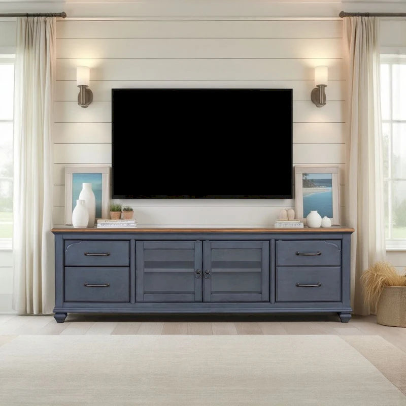 84-Inch TV Stand – Corduroy Blue, Coastal Traditional Style, Fits TVs up to 90 Inches