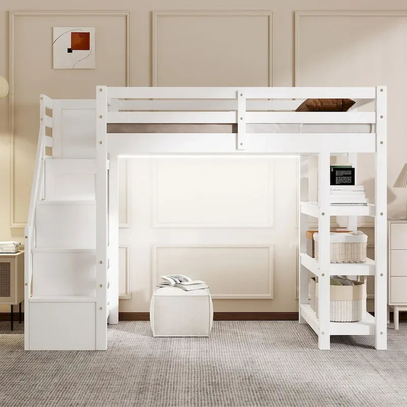 Full/Twin Loft Bed with Storage Stairs - Shelves, Wardrobe & LED Light, Space-Saving Design