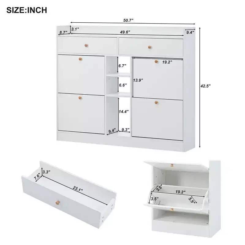 Shoe Cabinet with 4 Flip Drawers, Multifunctional 2-Tier Shoe Storage Organizer with Drawers, Free Standing Shoe Rack for Entrance Hallway, White