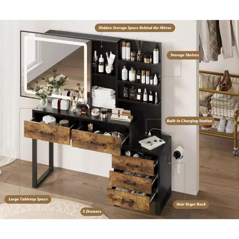 Makeup Vanity Desk with Sliding Mirror and Lights, Large Dressing Table with Charging Station,3 Lighting Modes, 5 Drawers and 3 Tiers of Open Shelves