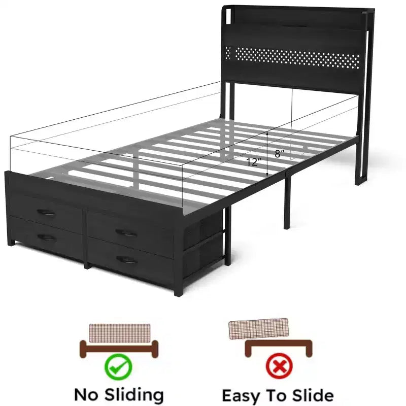 Twin Bed Frames with Headboard, Twin Size Bed Frames with Storage Drawers, Twin Bed, Metal Platform Bed Frame
