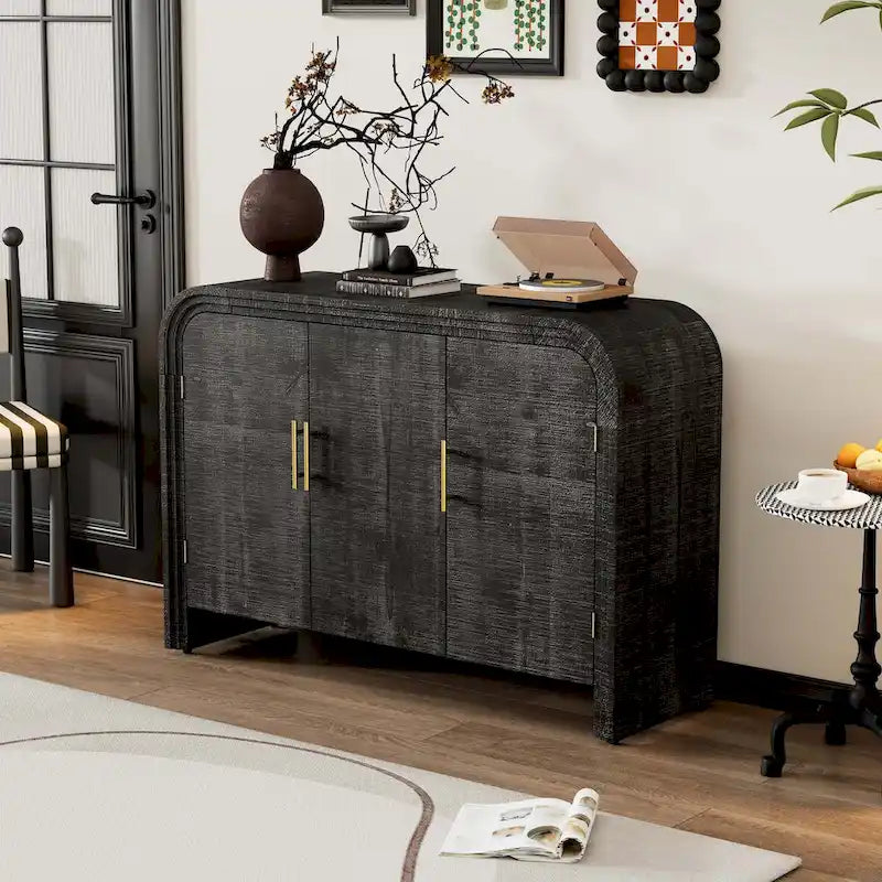Natural Wood Wash / Antique Black Curved 3-Door Sideboard with Adjustable Shelves for 1–2 Person