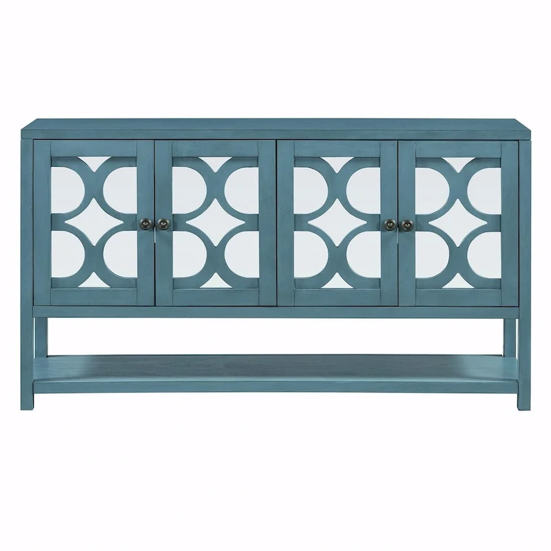 Elegant Retro Console Table with Mirrored Doors, Spacious Shelves and Durable Acacia Wood Legs