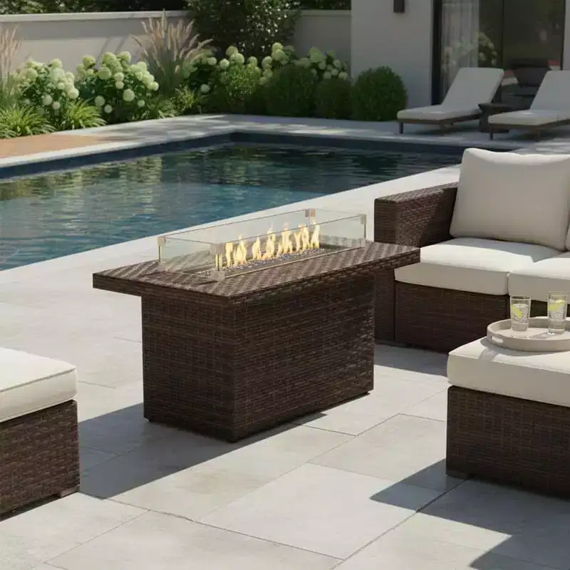 Covers&All 48 in L Rectangle Propane Fire Table, Aspen Wicker w / Windscreen & Glass