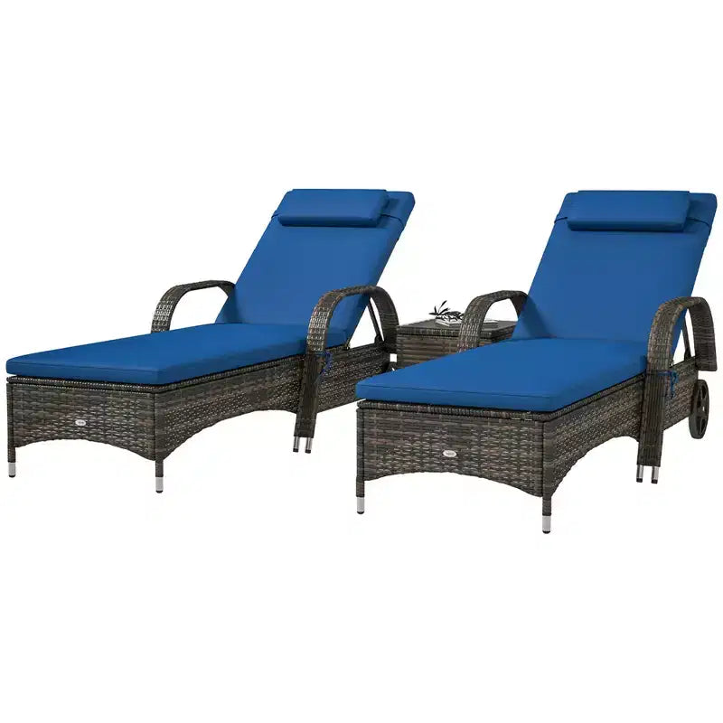 Patio Wicker Chaise Lounge Chair Set of 2 with Table, Adjustable Backrest, Wheels, Cushion & Headrest