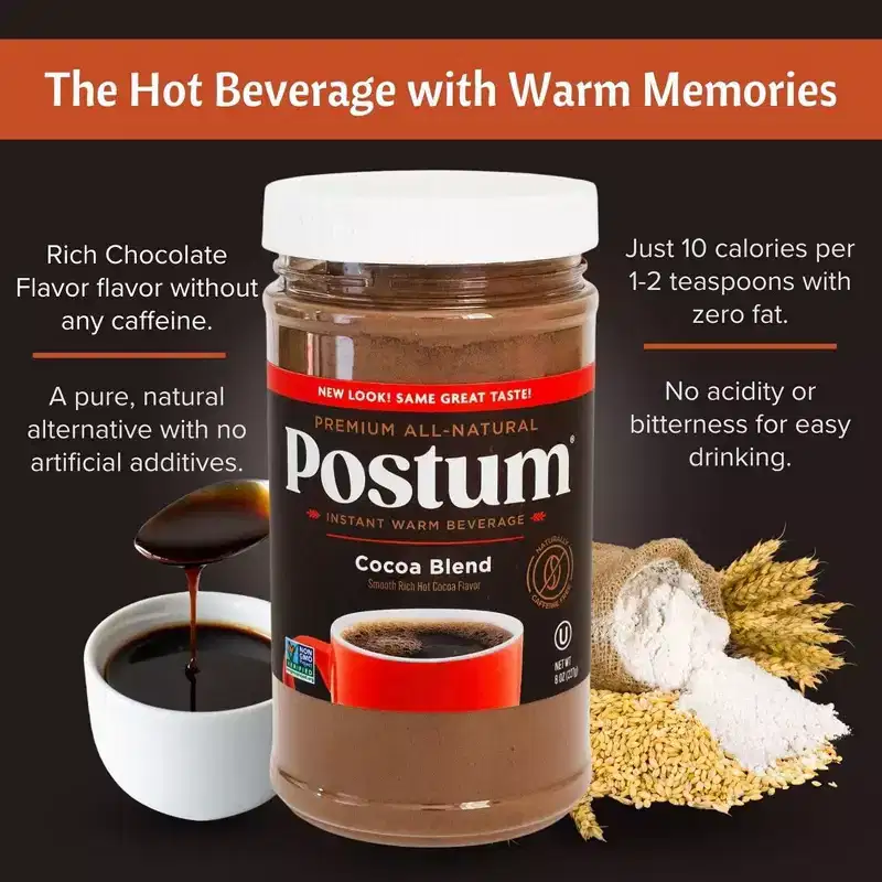 Postum Hot Cocoa Blend Coffee Substitute, Caffeine-Free, Made with Roasted Wheat Bran & Molasses, Kosher, Vegan, Non-GMO, Natural & Healthy - 8 oz