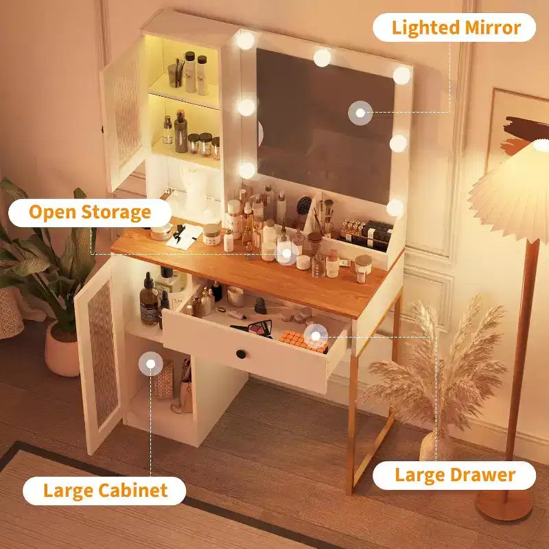 Vanity Desk with Mirror, 3 Lighting Modes Lights, Built-in Outlets & USB Ports, Spacious Drawers & Storage Cabinet, Makeup Dressing Table for Bedroom