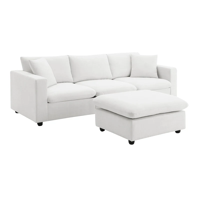 White L-Shaped Sectional Sofa with Ottoman, Seats 5
