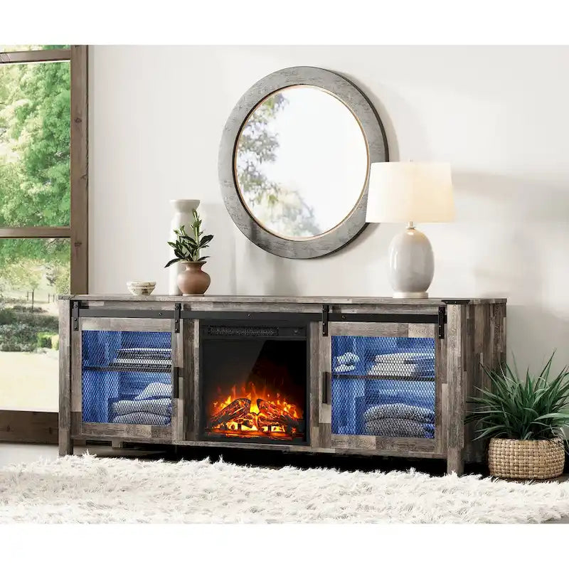 3-Sided Glass Electric Fireplace Insert – Gray & Blue Light / Black, Freestanding or Insert, 18 or 36 Inch