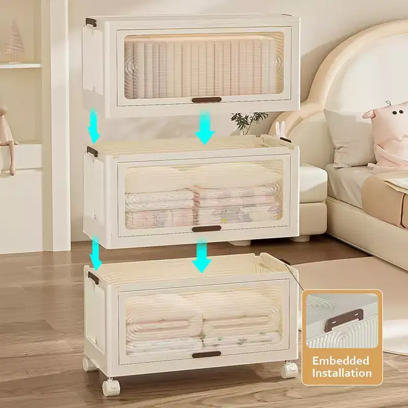 Storage cabinet with Lid, Large Plastic Organiser Boxes, Foldable Wardrobe with Wheels, Stackable Storage Boxes with Door